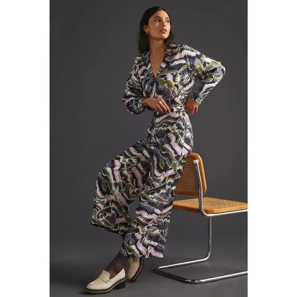 Anthropologie 2pc dress pant and bodysuit blouse set abstract print size 4.
